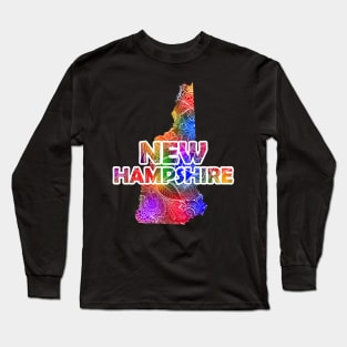 Colorful mandala art map of New Hampshire with text in multicolor pattern Long Sleeve T-Shirt
